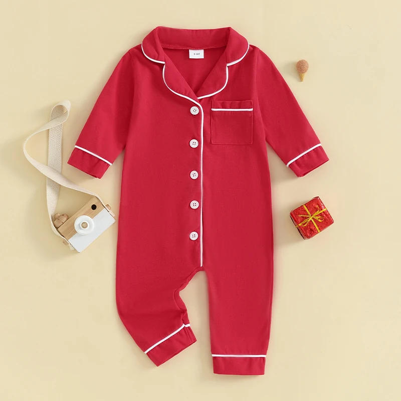 Baby Girls Summer Jumpsuit Pajama Red Long Sleeve Lapel Button Up Sleepwear Romper