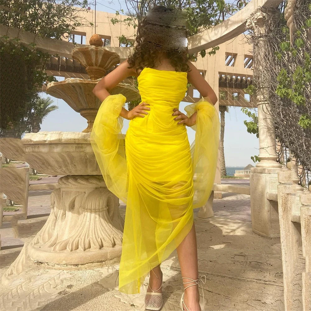 

Santorini Yellow Pick Ups Women Wear Prom Dresses with Wraps Strapless Cocktail Party Dress Zipper Back Homecoming Gowns