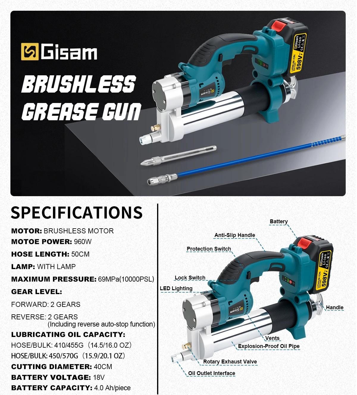 10000PSL 69Mpa Brushless Electric Grease Gun High Pressure Car Lubricating Oil C