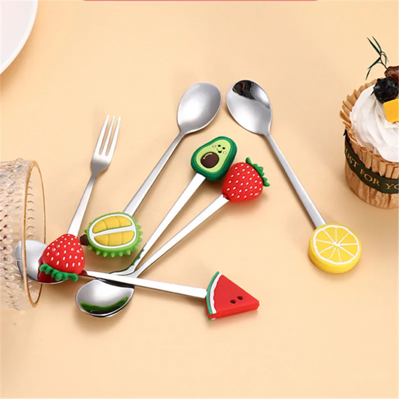 Stainless Steel Fruit Shaped Coffee Spoons Fruit Dessert Spoon Fork Candy Tea Spoon Drink Tableware Kitchen Supplies 7Pcs stainless steel spoon