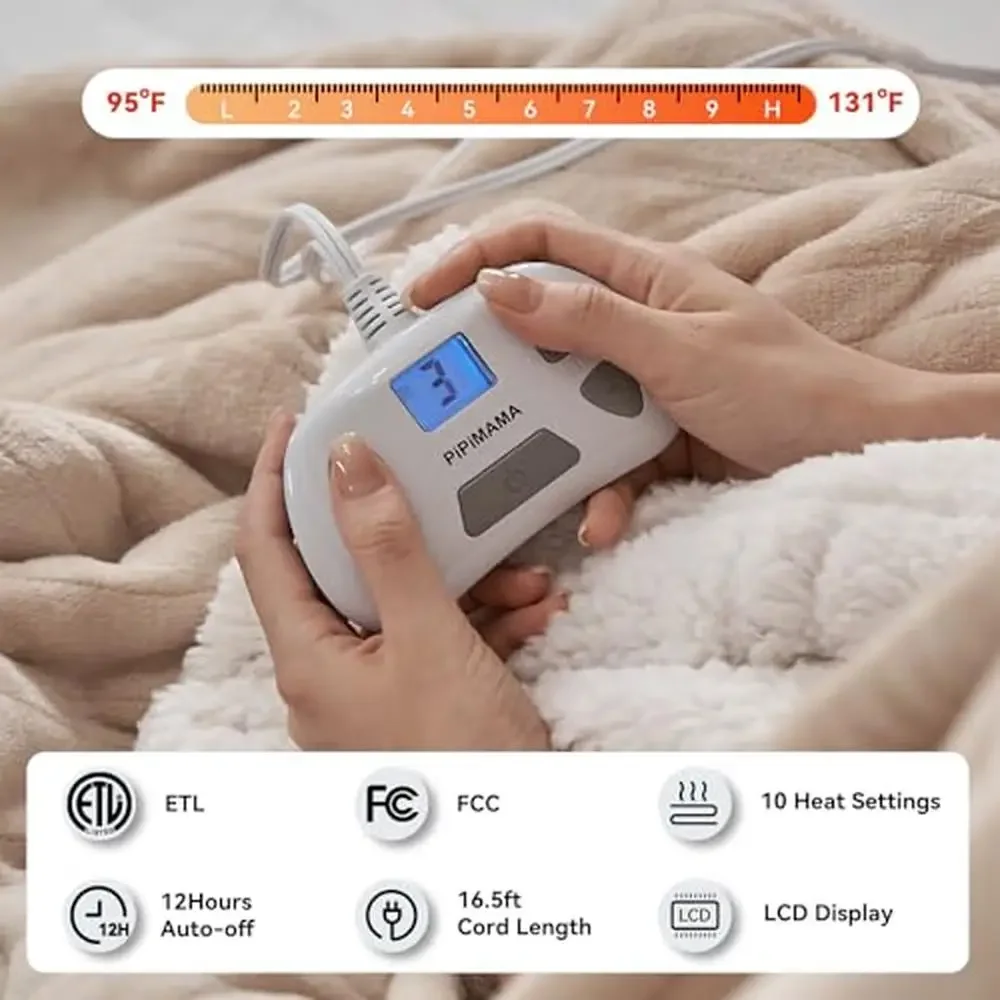 Electric Blanket Queen Size 84"x 90" Flannel & Sherpa Plush Dual Control 10 Heating Levels Rapid Heating Technology 12-Hour