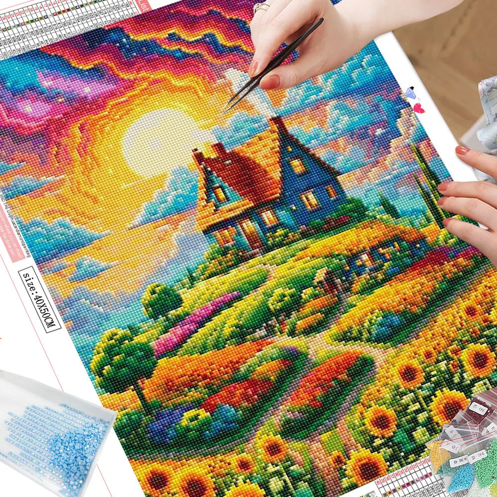 HUACAN Landscape Diamond Painting Set Flower Castle Lake Lighthouse Mosaic Full s Home Decor diamond painting