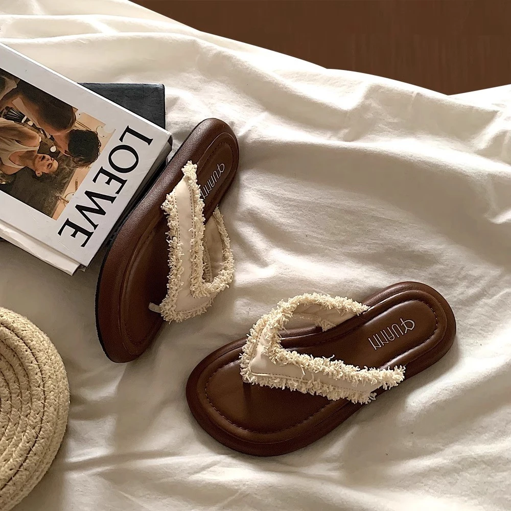 2025 New Herringbone Slippers for Women's Summer Flat Bottomed Toe Beach Leisure Beach Sandals - 5
