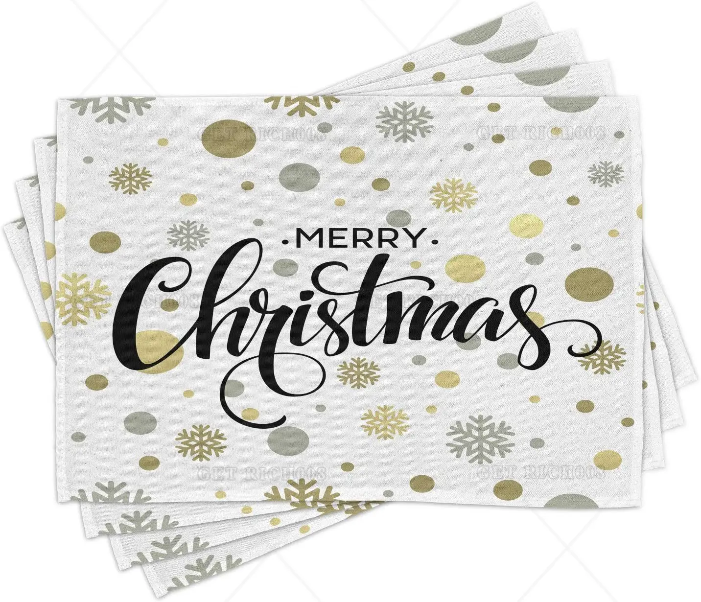 

Christmas Place Mats Set of 4 Merry Christmas Lettering on An Abstract Modern Snowflake Dot Pattern Washable Fabric Placemats