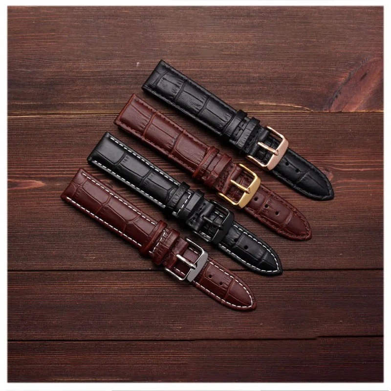 Elegant Universal Leather Watch Strap with Butterfly Buckle - Black & Brown Adjustable Bracelet