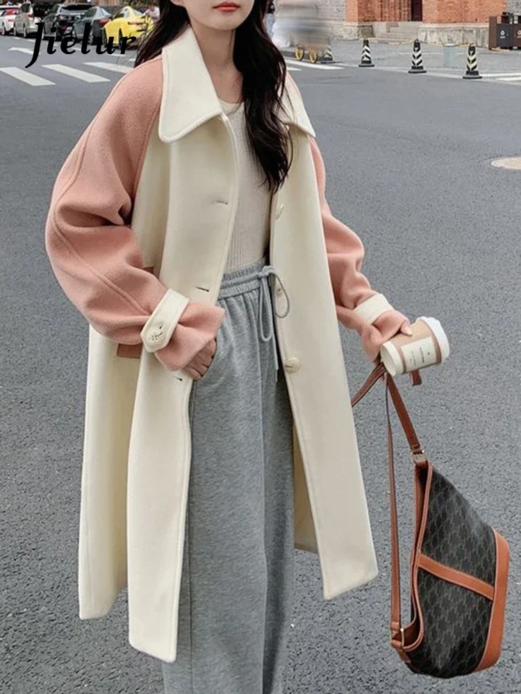 

Jielur Ins Contrast Color Fashion Simple Casual Women Trench French New Winter Loose Single Breasted Long Sleeves Female Trench