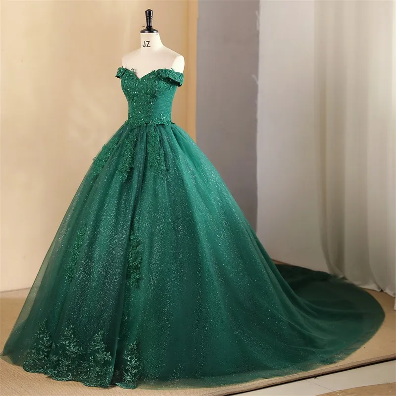 green emerald velvet dress Emerald Green Ball Gown Appliques Dress main image 1
