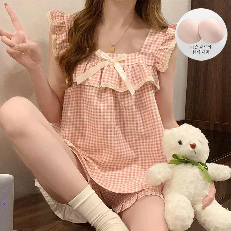 여성용 격자 무늬 파자마 세트, 버블 링클 원단, 고정 가슴 패드, 귀엽고 귀여운 홈웨어, 민소매 스퀘어 칼라, 여름