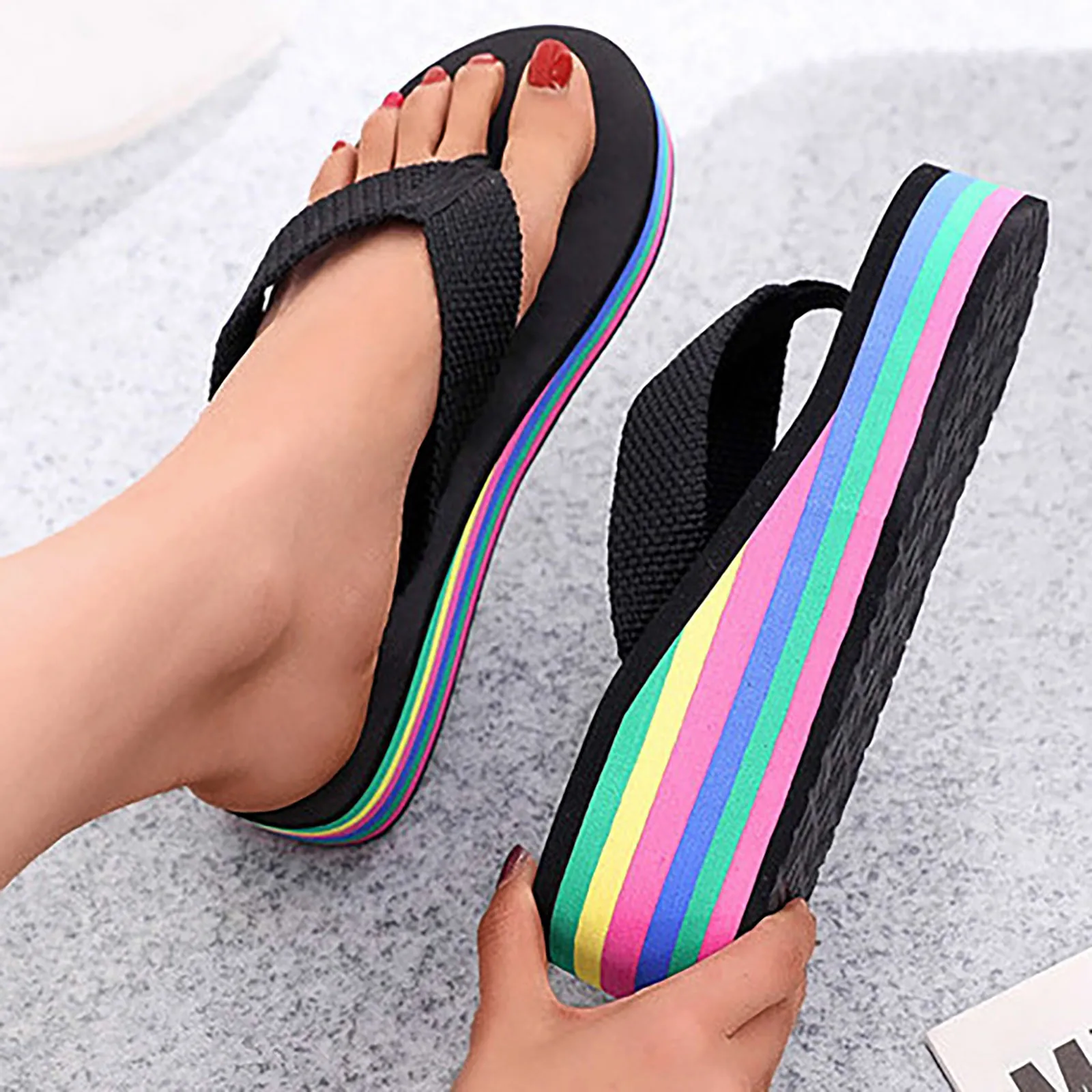 Women Wedge Sandals Flip Flops Mixed Colors Sole Beach Fashion Slippers Soft Thick Sole Summer Casual Outdoor High Heels Slipper