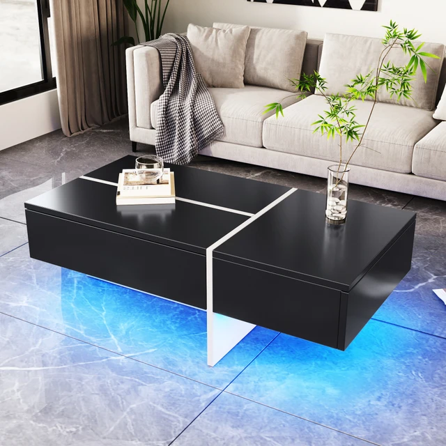 Table basse brillante avec lumières LED contrôlées par application – Design bloc noir et blanc, 100 × 50 × 34,5 cm, table centrale lumineuse intelligente 1