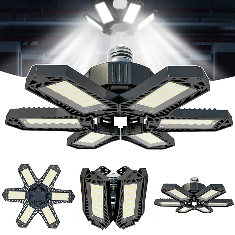 

6 Blades Deformable LED Garage Light E27/E26 Adjustable Shop Top Ceiling Lamp Professional Warehouse Foldable Fan Lamps