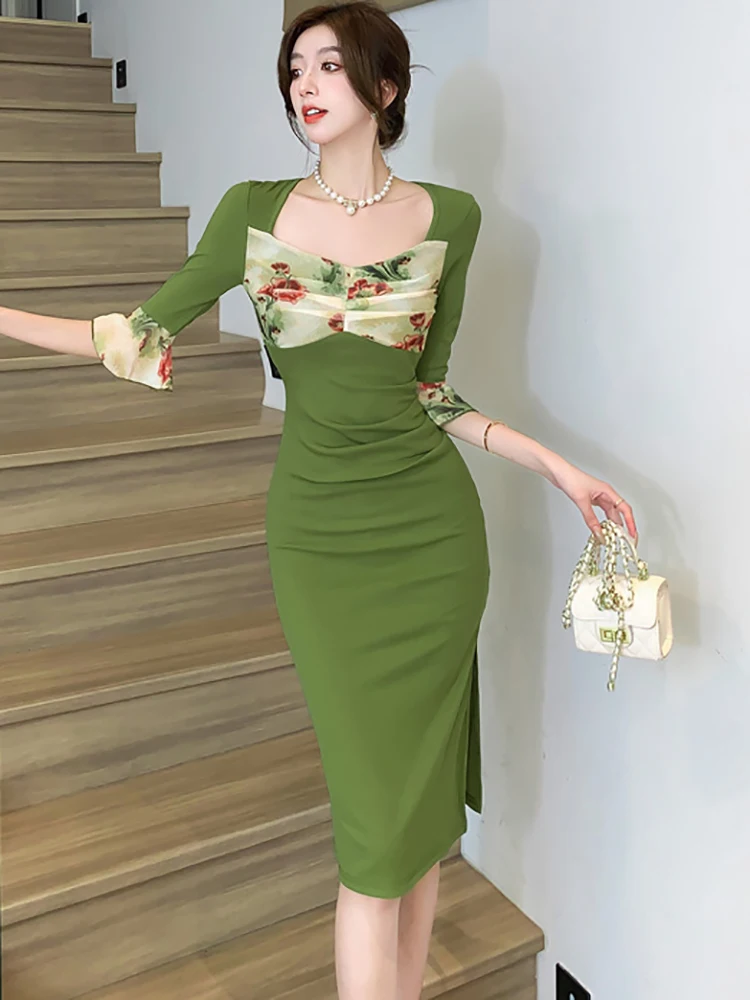 2026 Green Patchwork Mesh Floral Sqaure Collar Midi Dress Women Elegant  Luxury Vestidos Summer Korean Vintage Bodycon Prom Dress - AliExpress  200000345