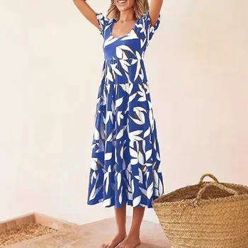 2025 European and American women's puff sleeves condensed backless printing layered short-sleeved dress