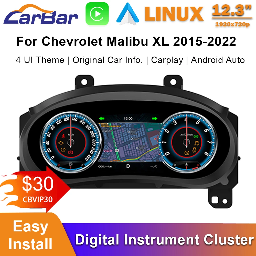Carbar 12,3 "pantalla LCD para salpicadero para Chevrolet Malibu XL 2015-2022 generación grupo de instrumentos digitales para coche 1