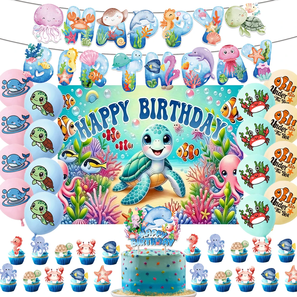 Unterwasserwelt Kindergeburtstag Party Dekorationen Cartoon Ozean Kreaturen Hintergrund Schildkröten Delphin Ballon Babyparty Zubehör