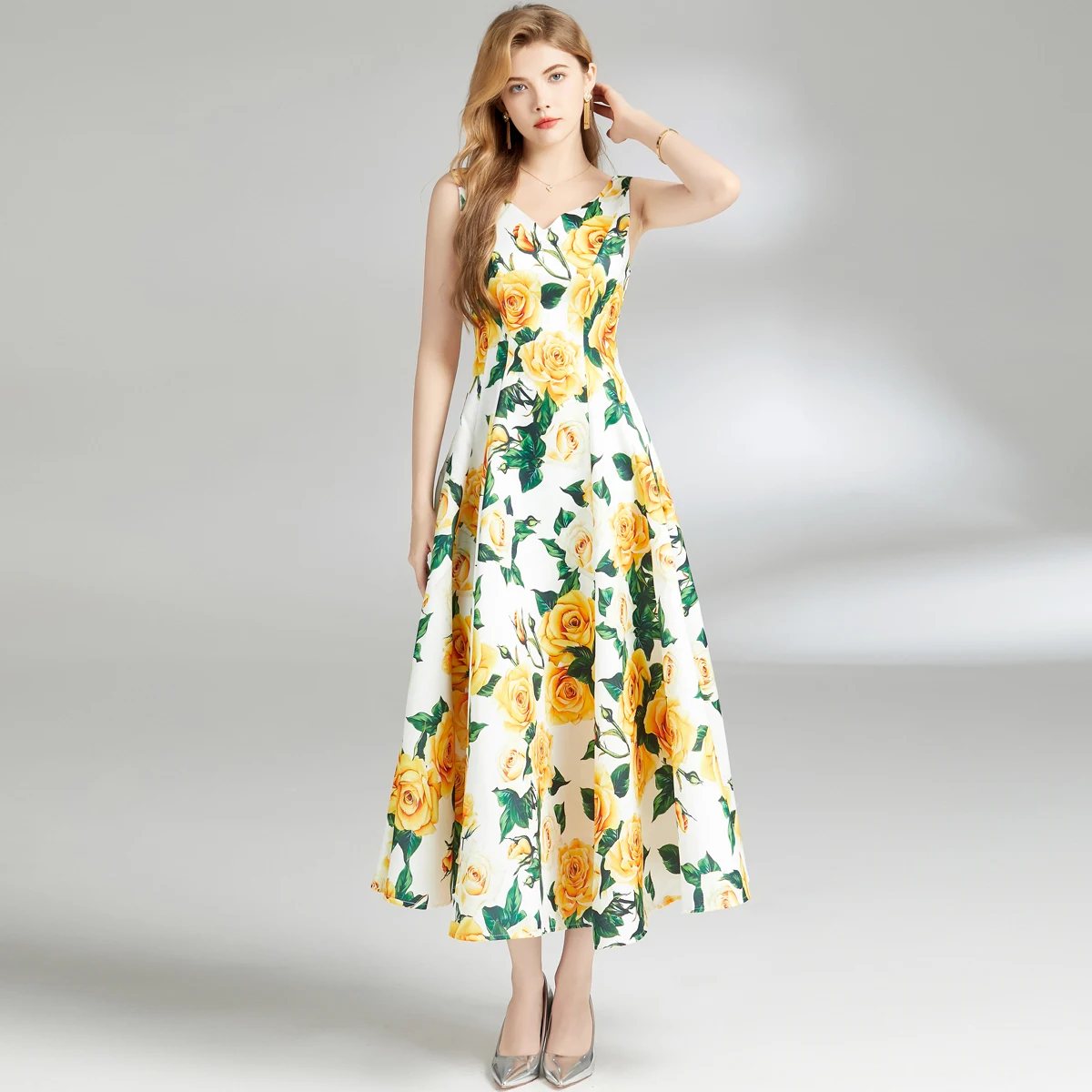 

Summer Yellow Rose Spaghetti Strap Bohemian Dress Women's V-Neck Sleeveless Floral Print Slim Waist Evening Gown Long Robes 6832