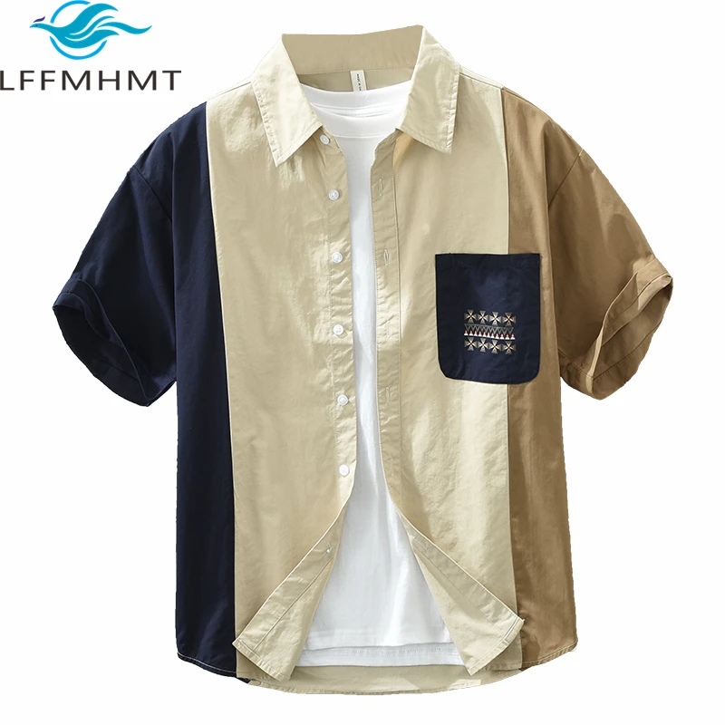 Рубашка Creatvie в стиле пэчворк мужская с карманами и коротким рукавом, модная блузка с лацканами контрастных цветов, лето 8033