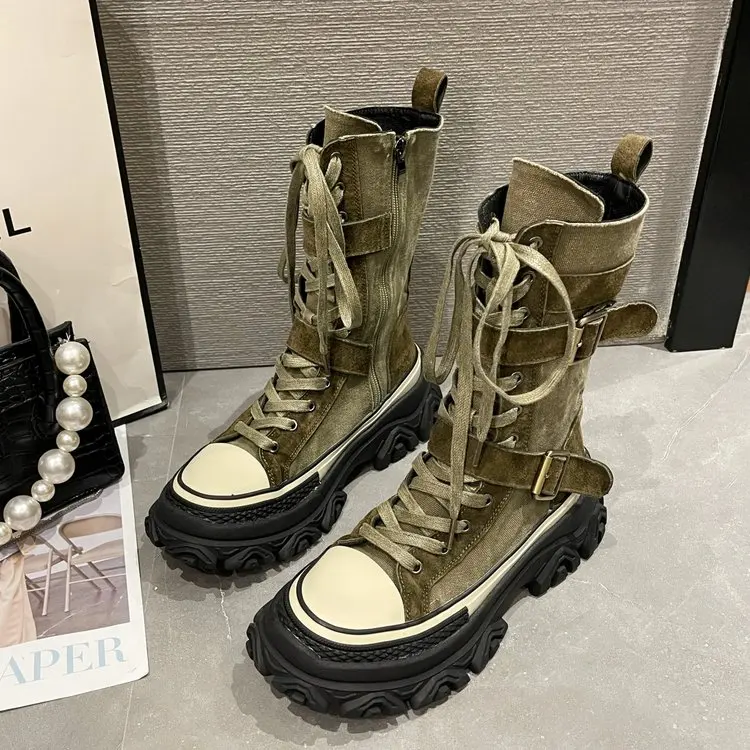 

2022 Spring and Autumn New European Goods Thick-soled short Boots Female Trendy Handsome Stitching Canvas Casual Tooling Boots
