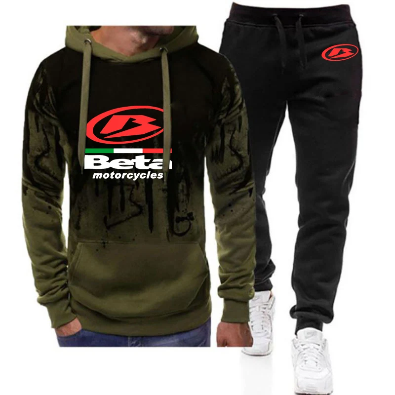 цена Spring and Autumn 2024 Men's Beta Racing Motocross motorcycle logo printing gradient hooded sweatshirt+sweatpants suit