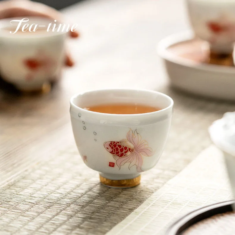 75ml Hand -painted Powder Red Koi Fish Fun Ceramic Tea Cup Drawing Gold Handmade Master Cup Single Wide Mouth Drinkware