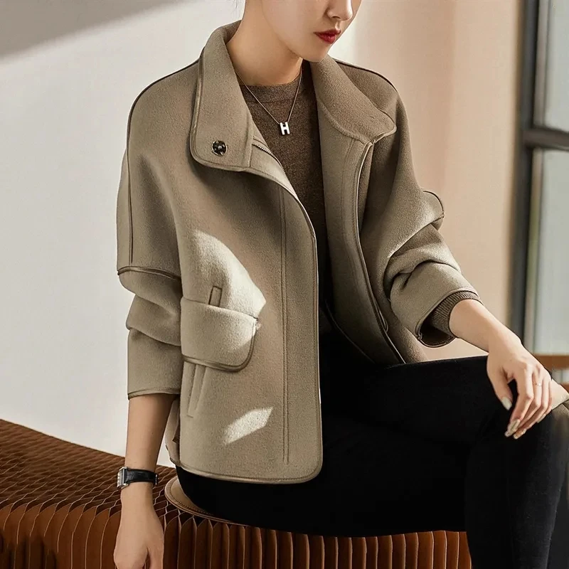 

Women Casual Bat Sleeve Short Wool Jacket Fashion Stand-Collar Loose Woolen Blends Female Coat Autumn Winter Trend Solid Jackets