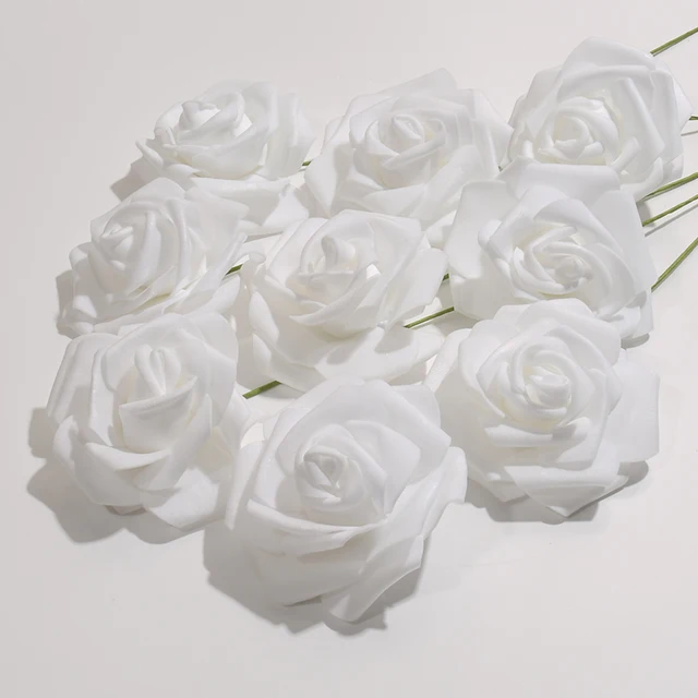 Rose artificielle PE blanche, 50 pièces/paquet, tête de fleur avec tige, Bouquet de bricolage, décoration de fête de mariage, fournitures pour Scrapbook 6