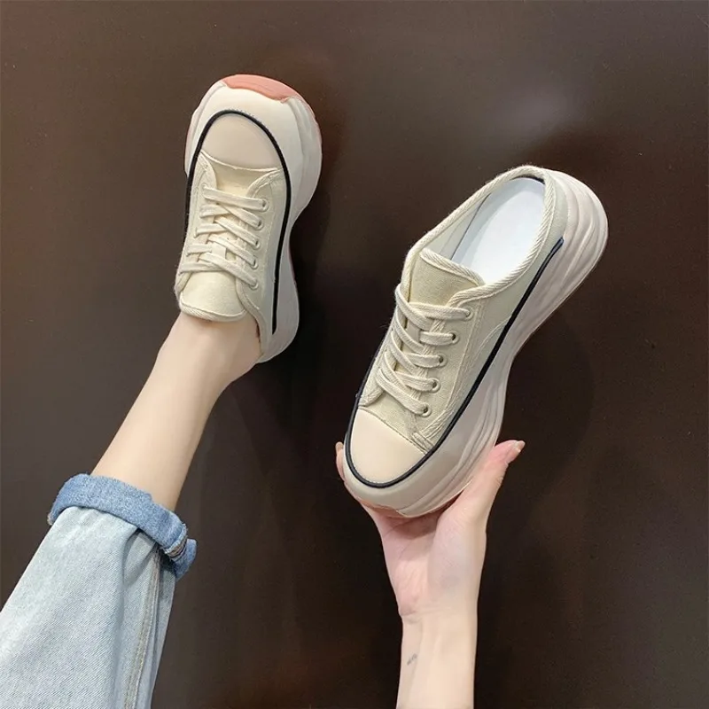 Women's Slippers Fashion Baotou Half Slippers Wear New Style Muffin Lace-Up Casual Canvas Slippers of Women Zapatos De Mujer