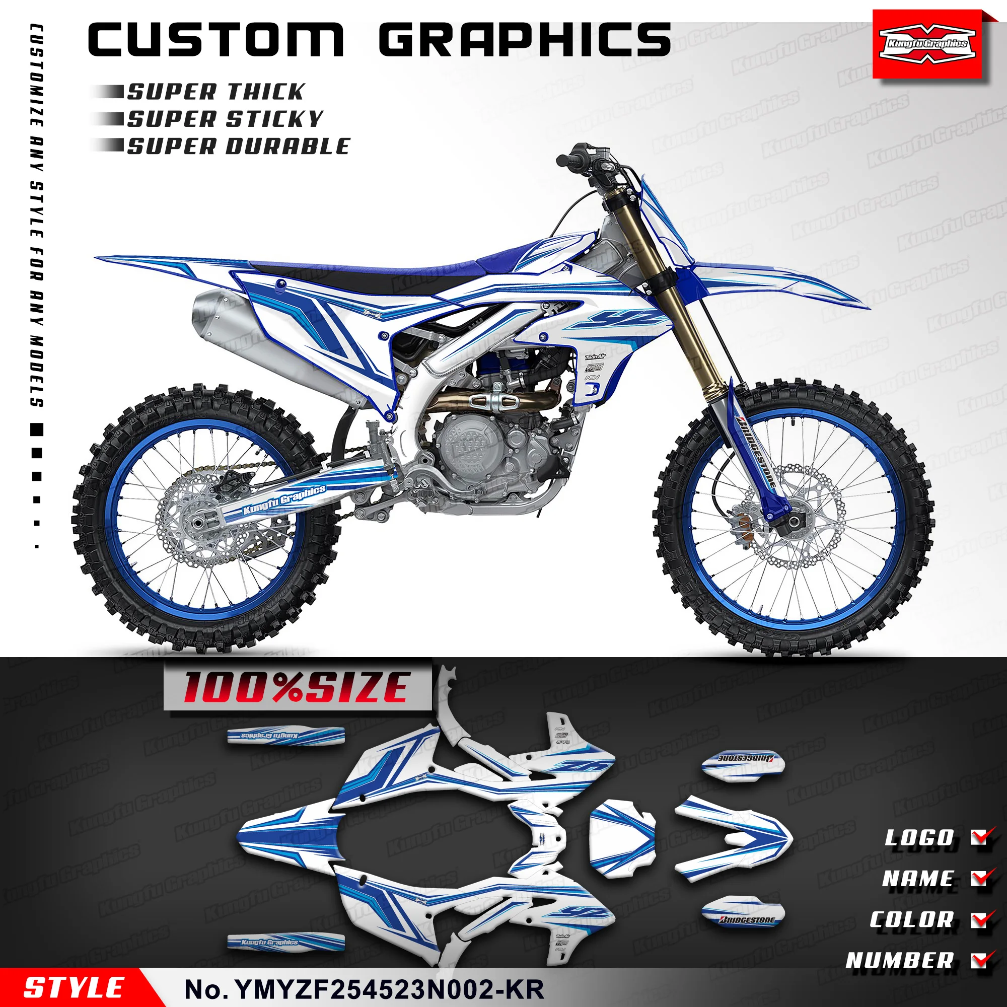 KUNGFU GRAPHICS Off Road Stickers MX Decals Full Wrap Kit for Yamaha YZ450F YZF450 2023 2024 YZ250F YZ450FX, White Blue