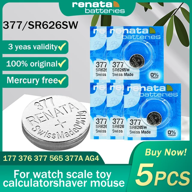 5PCS 100% Renata 377 SR626SW AG4 LR626 SR66 V377 1.55V Silver Oxide Watch  Battery For Scale Toy Remote Control Button Coin Cells - AliExpress