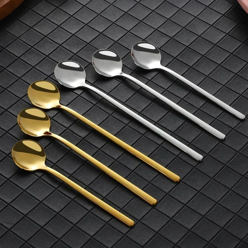 Long Handle Spoons Stainless Steel Golden Coffee Spoon Dessert Ice Cream Spoon Mixing Spoon Kitchen Dinnerware