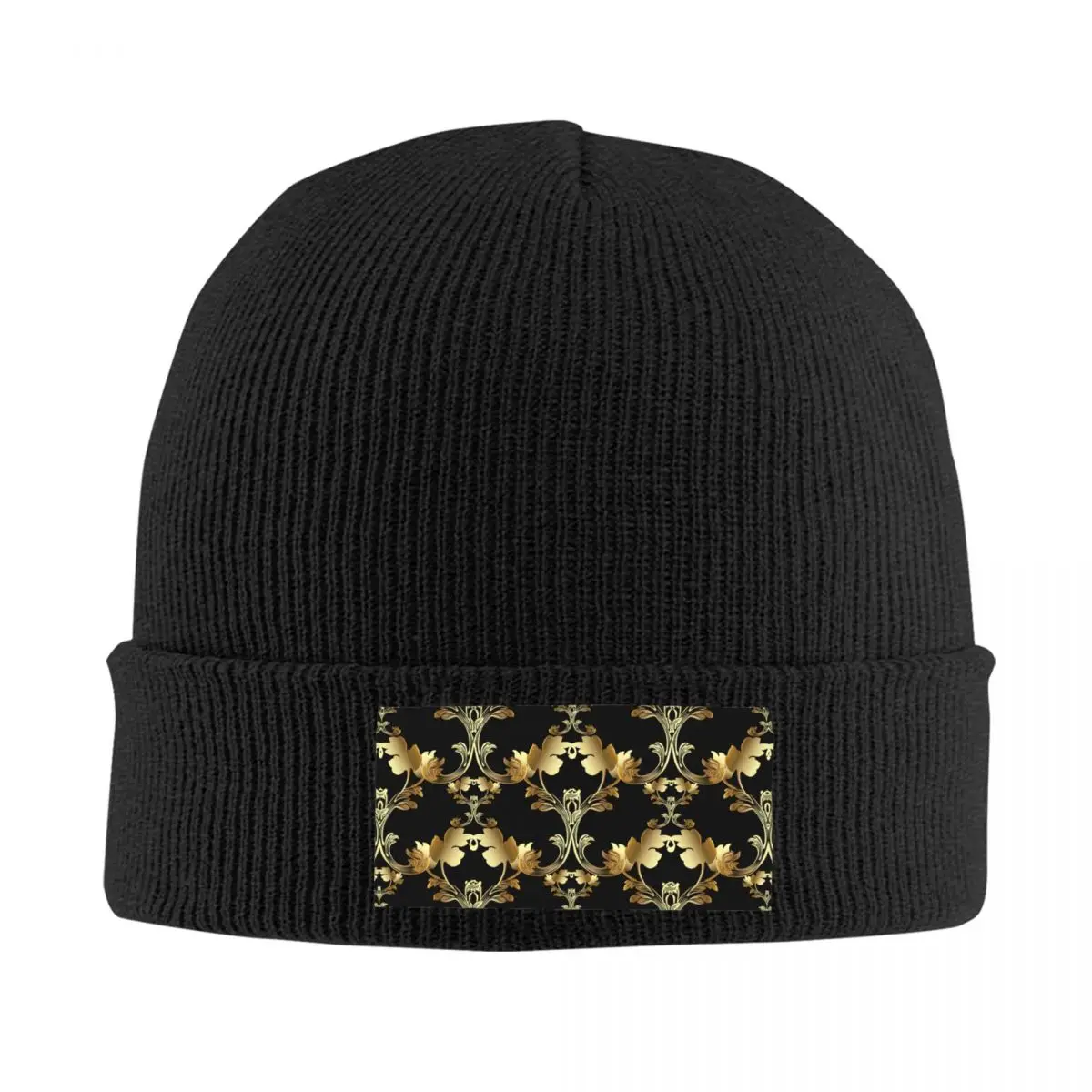 

Gold Royal Baroque Seamless Pattern Skullies Beanies Caps Winter Warm Knitting Hat Unisex Adult European Floral Bonnet Hats