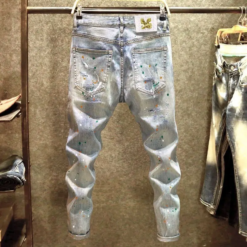 Kpop Korean Style Men's men jeans ripped jeans Designer Clothes Washed Paint Splatter Ripped Distressed Cotton Trousers