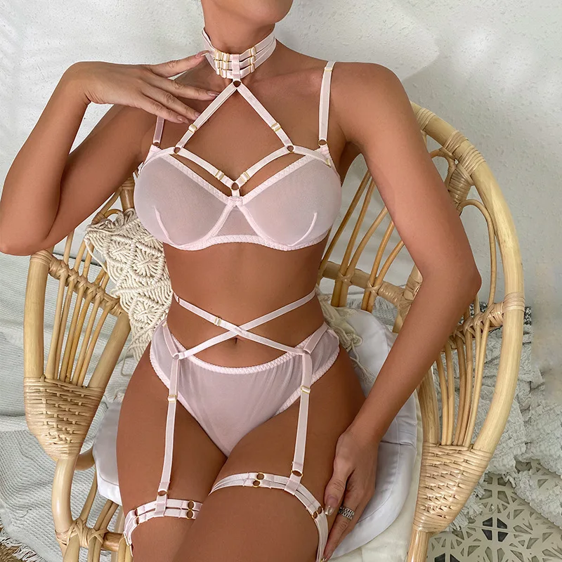 

2023 Internet Sensation Popular Mesh Stitching Complex And Heavy Craftsmanship Hanging Neck Cross Shaping Fun lingerie Set