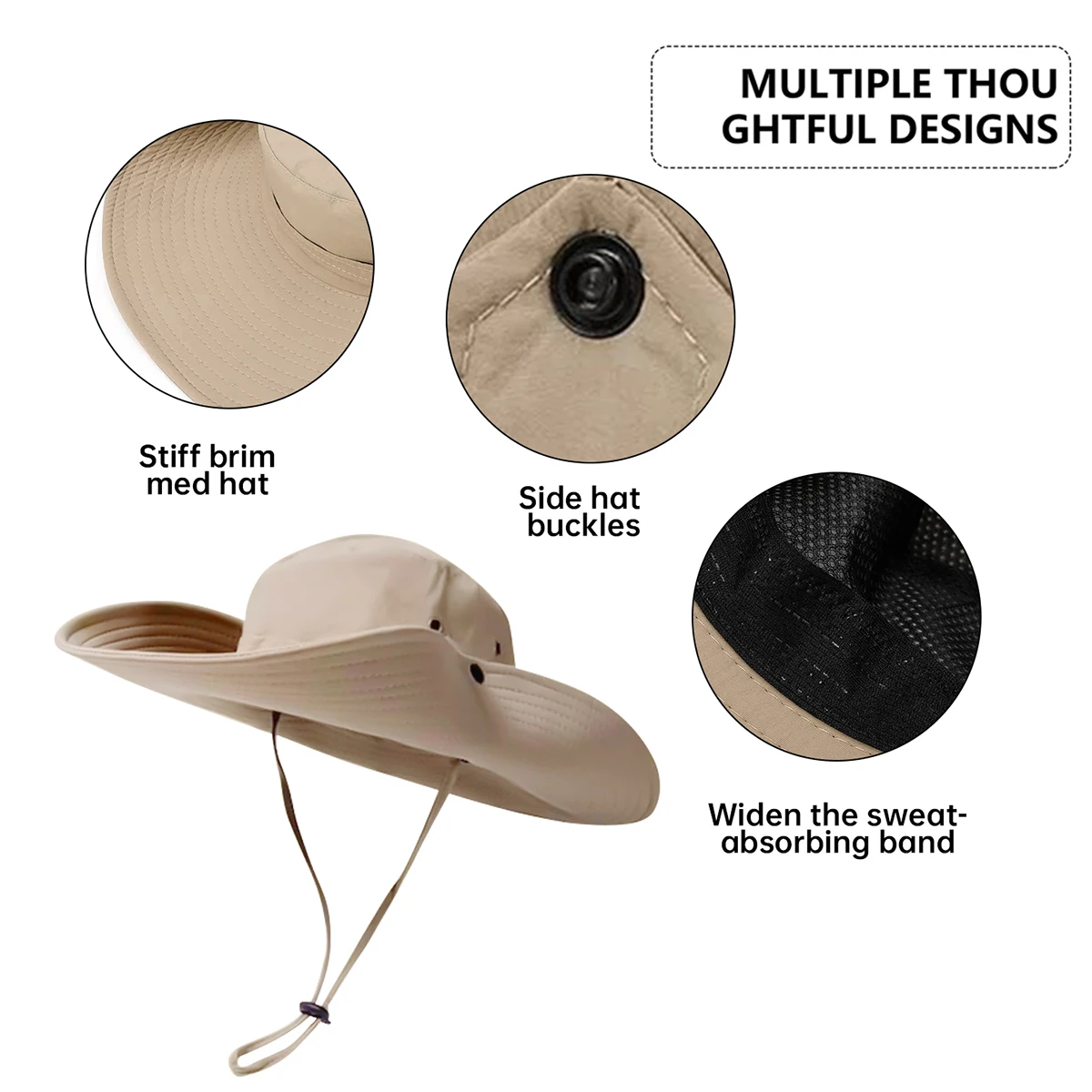 Large Brim Drawstring Mountaineering Hat Fisherman Hat Sun Protection Travel Basin Hat Spring and Summer Western Cowboy Hat Camping Sun Hat Outdoor Sports