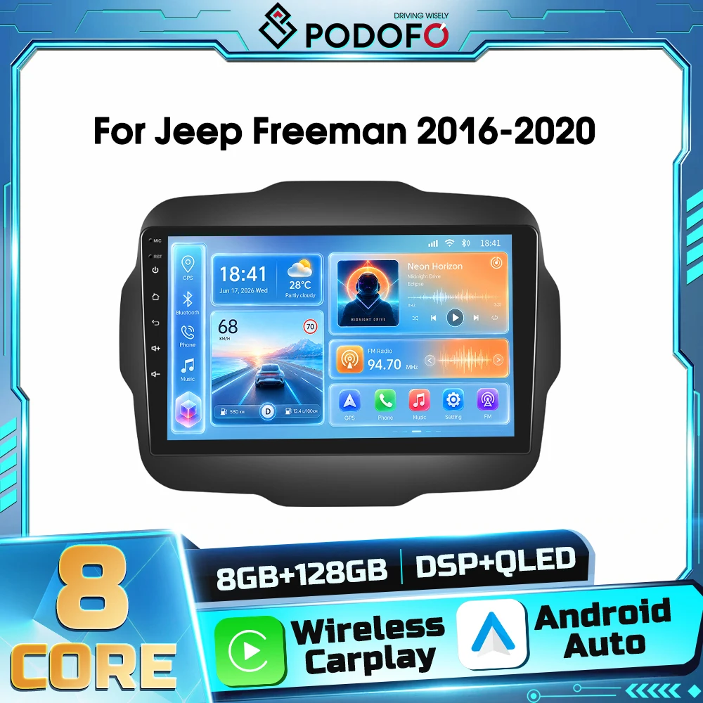 Radio Estéreo para Auto Podofo 8core Android 2din para Jeep Renegade 2016-2020, Android Auto, DSP, WIFI, GPS, Navegación, Bluetooth, Carplay Inalámbrico, Autoradio, Receptor FM RDS 1