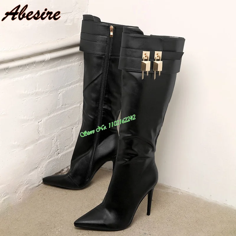 

2023 Autumn Winter Black Lock Knight Boots Sexy Pointed Toe Stiletto Heel Side Zipper Genuine Leather Slim Straight Women'S Boot