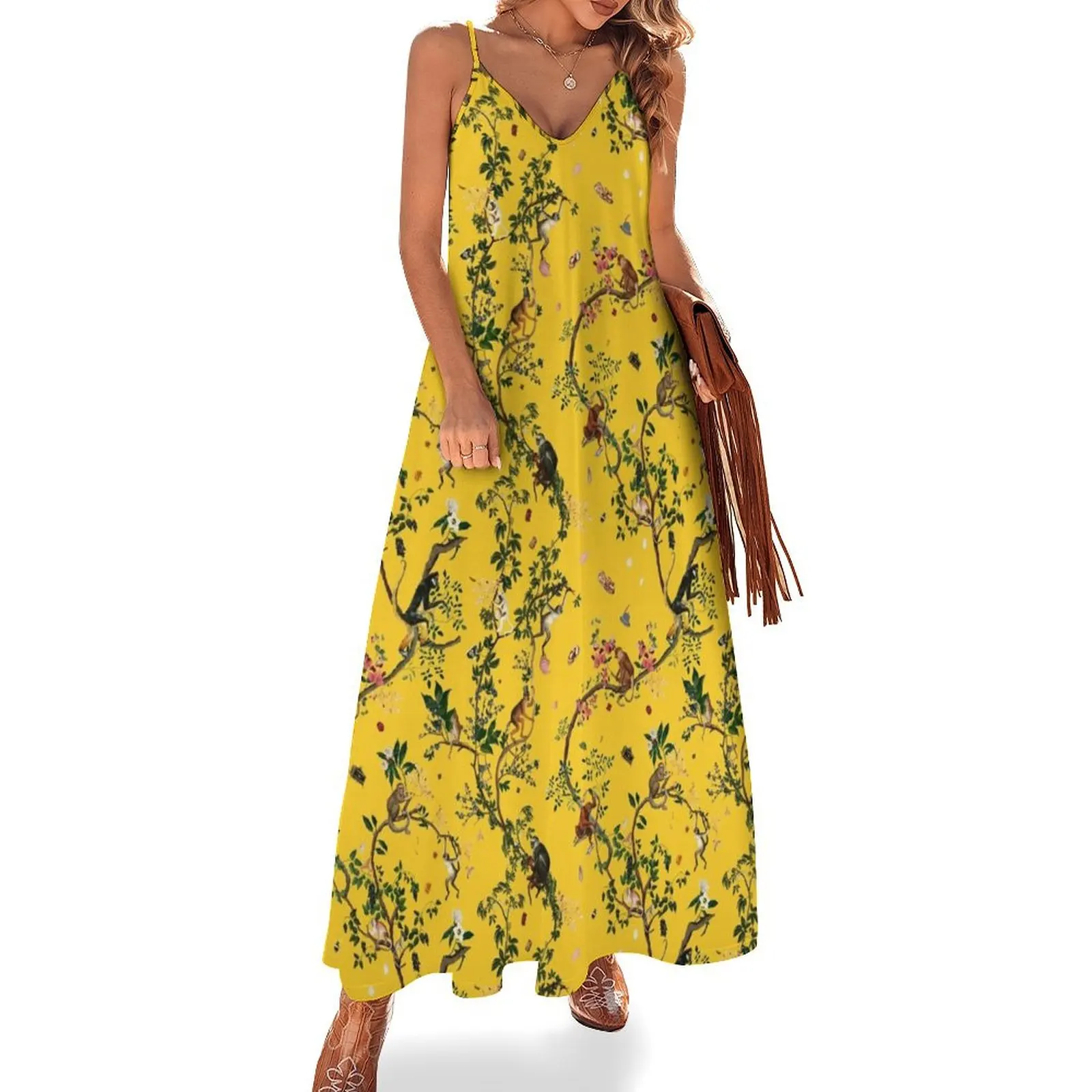 

Monkey World Yellow Sleeveless Dress Evening dresses Women's summer suit cute dress