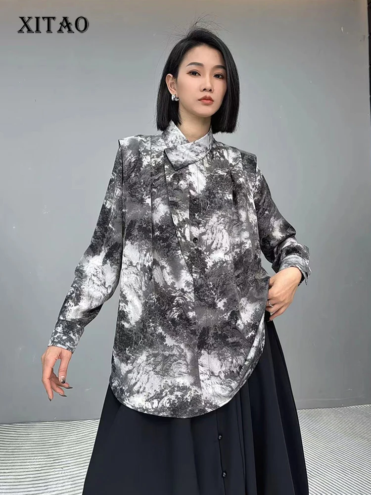 

XITAO Ink Print Women Shirt Fashion Vintage Chinese Style Shirt Loose Long Sleeve Stand Collar Top 2024 Spring New HQQ2247
