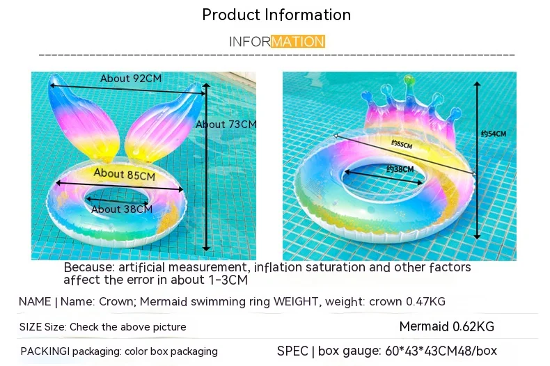 RainbowW Inflatable Pool Floats Crown Floating Ring Glitters Filled Durable Swimming Ring for Adult Summer Beach Pool Tube 33.5 4