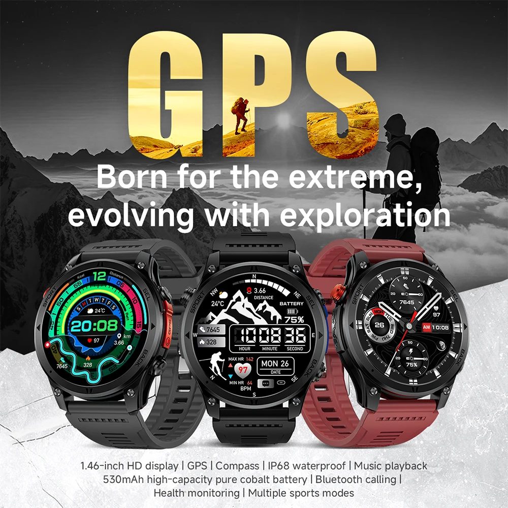 Novo Smartwatch Militar 2026 com bateria de 530mAh, GPS, resistência à água 3ATM, mais de 100 modos esportivos, Bluetooth e chamadas inteligentes._voghion.com