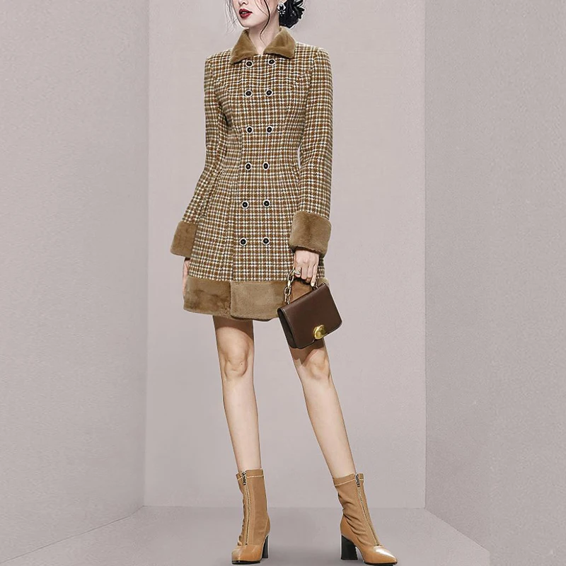 

Fashion Autumn Winter Jacket Womens Double Breasted Fur Collar Wool Coat Plaid Korean Slim Female Woolen Mid-length Jacket Loos