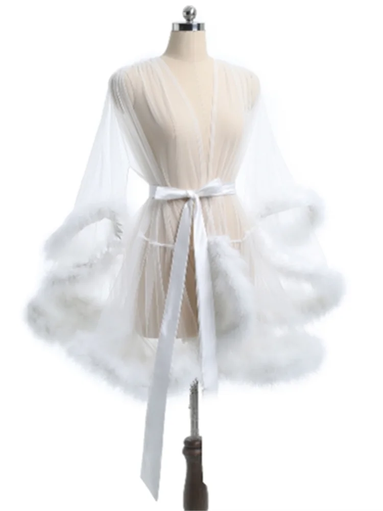Sexy Feather Robe Seductive Mesh Perspective Sex Fur Bathrobe Passionate Waist Tightening Robe Dressing Gown women sleepwear silk robe sleepwear pajamas