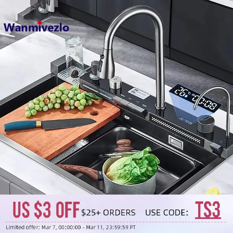 Large Stainless Steel Waterfall Kitchen Sink Set