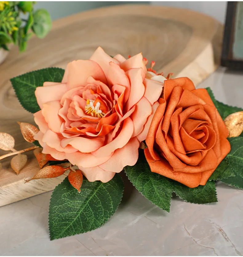 Yannew Burnt Orange Herbst-Hochzeitstorte, Blumen, Dekoration, künstlicher Rosen-Kuchenaufsatz für Geburtstag, Babyparty, rustikale Mi-Dekore – Detail 8