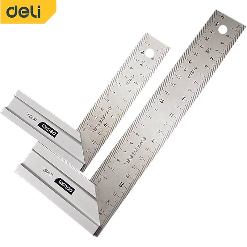 DELI 90 Degree Angle Ruler Stainless Steel L Shape Ruler Double Sided Measuring Tool Metal Straight Woodworking Tools
