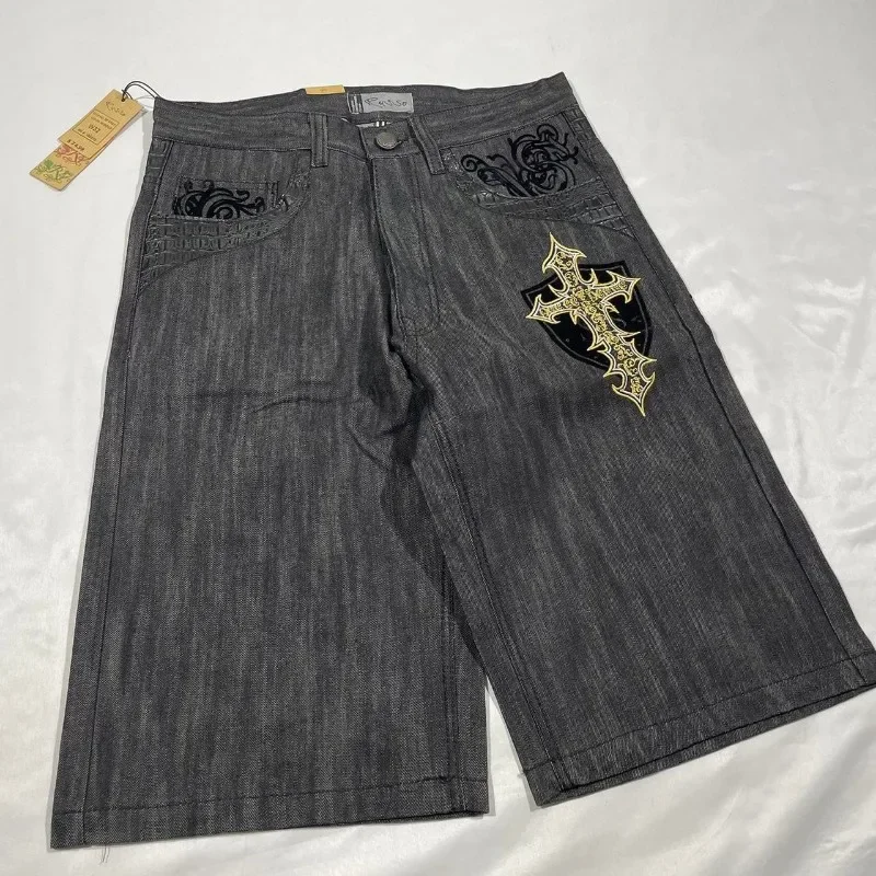 American Vintage Hip-Hop Geometric Print Denim Shorts Y2K Street New Rock Gothic Baggy Shorts Men Leisure Harajuku Loose men jeans denim shorts summer jeans shorts