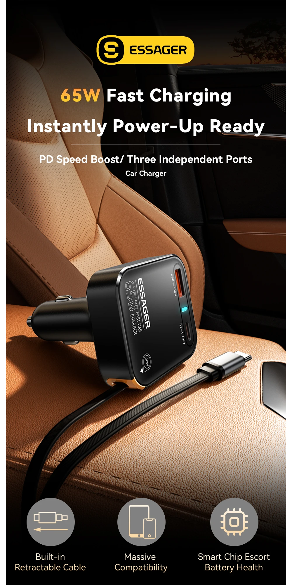 65W USB C Car Charger 3 Ports with Retractable Cable PD3.0 QC3.0 30W Fast Chargi