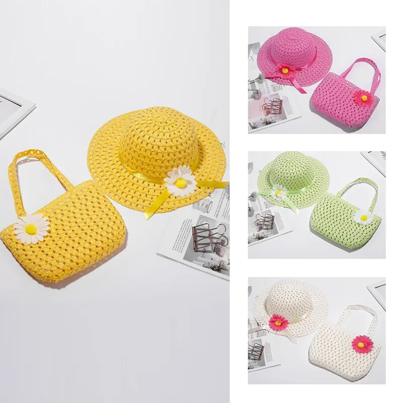 2 Pcs Set Girls Tea Party Straw Sun Hat and Purse Sets Kids Child Birthdays Easter Party Daisy Flower Summer Beach straw hat,baby sun hat,outdoor sun hat