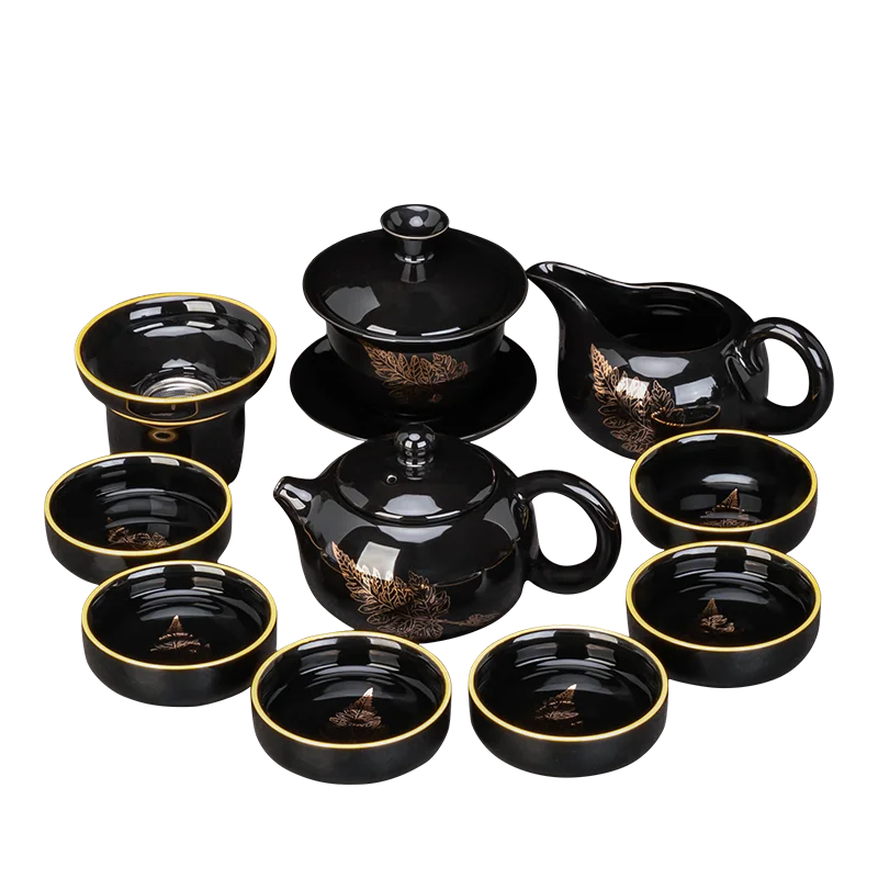 Kung Fu Tea Set for 6 People Household Chinese Style Black Gold Glazed Ceramic Tea Set Drinking Utensils Tea Pot Gaiwan Teacup