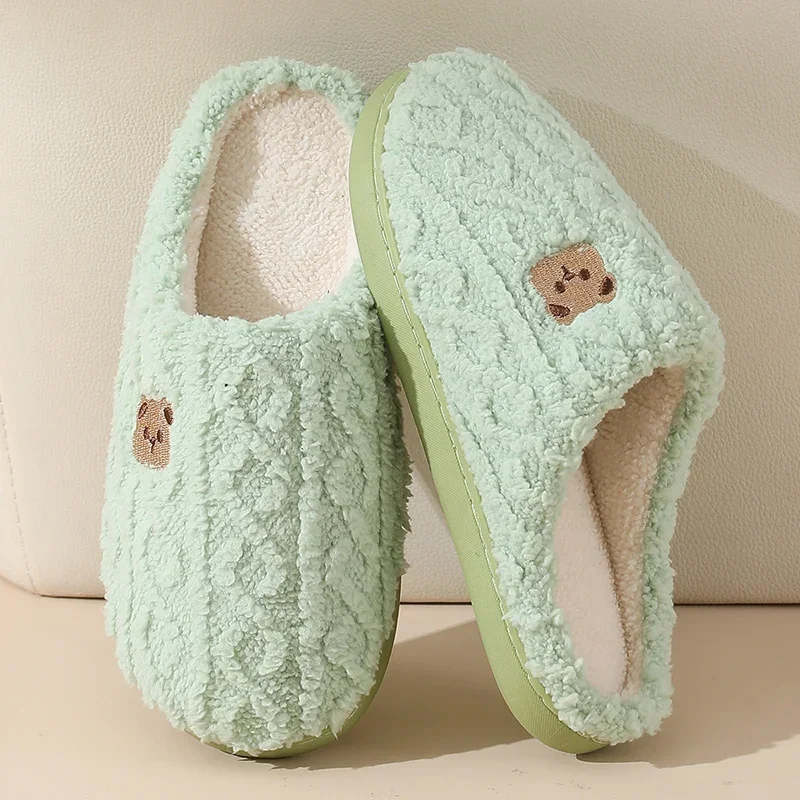 Cute Bear Embroidery House Slippers for Women Comfy Soft Sole Warm Home Plush Shoes Woman Autumn Winter Non Slip Cotton Slippers